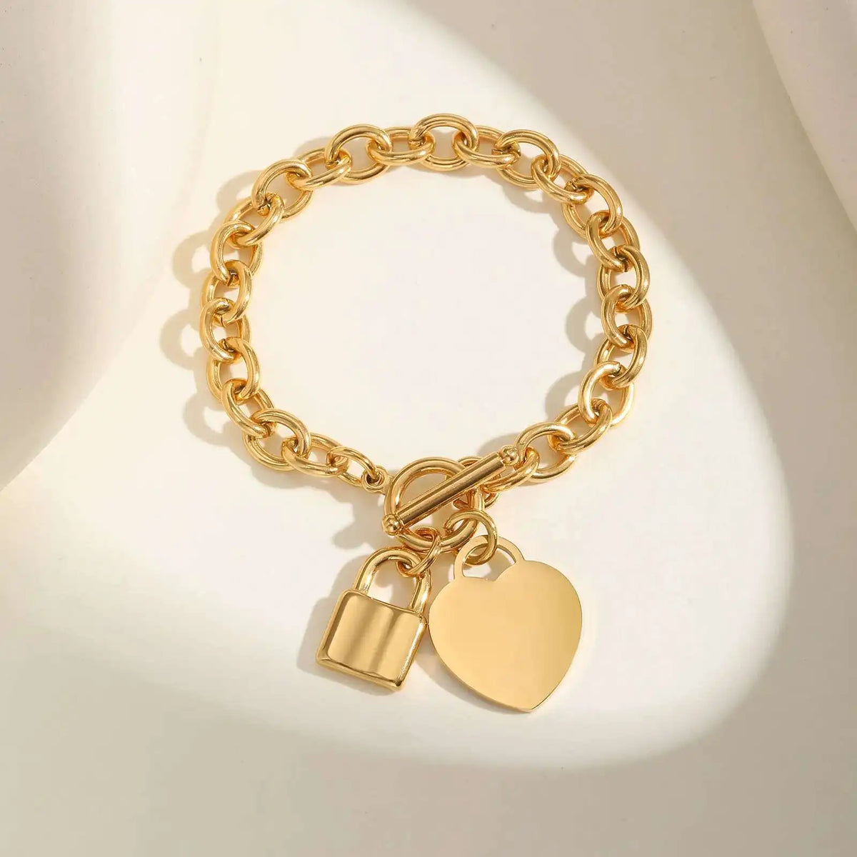 Pulseira Feminina Cadeado Coração em Aço Inoxidável com Corrente Grossa