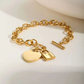 Pulseira Feminina Cadeado Coração em Aço Inoxidável com Corrente Grossa