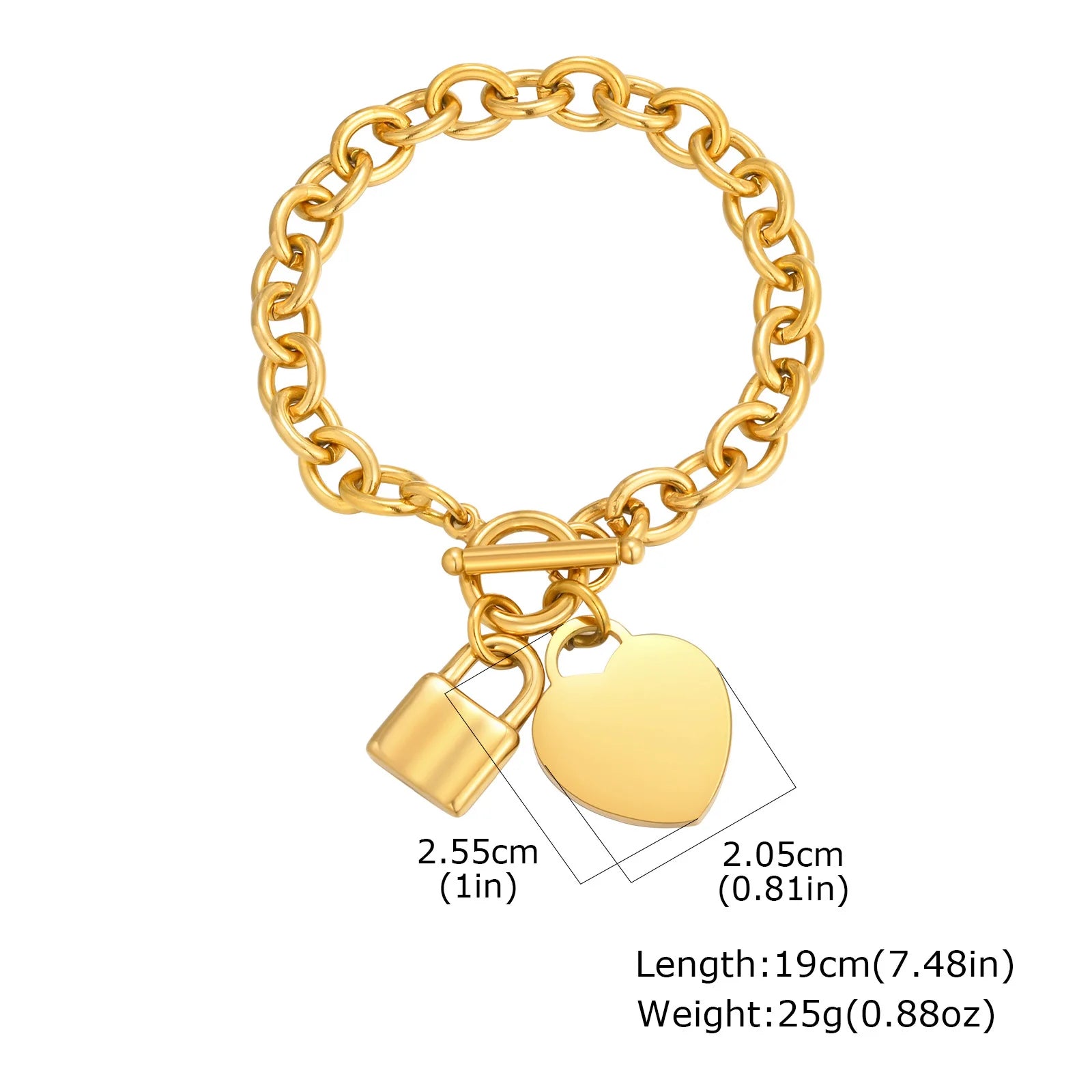 Pulseira Feminina Cadeado Coração em Aço Inoxidável com Corrente Grossa